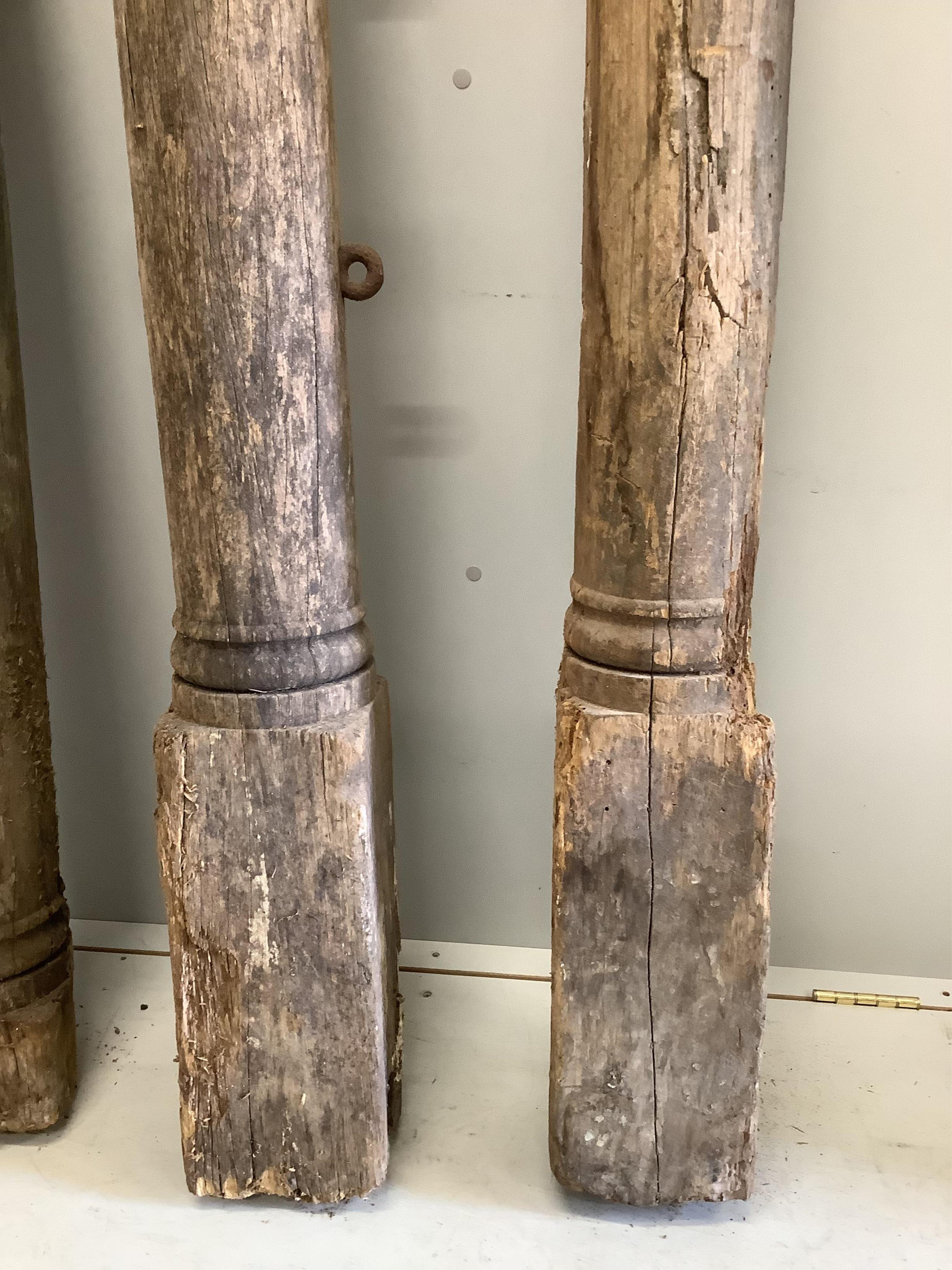 Six assorted hardwood columns, said to have come from a 19th century ship, tallest 164cm. Condition - variable from poor to fair